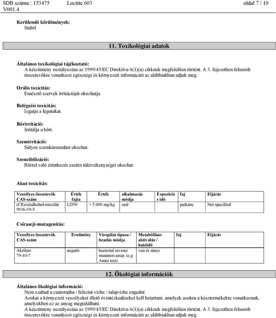 fejezetben felsorolt összetevőkre vonatkozó egészségi és környezeti információt az alábbiakban adjuk meg. Orális toxicitás: Emésztő szervek irritációját okozhatja.