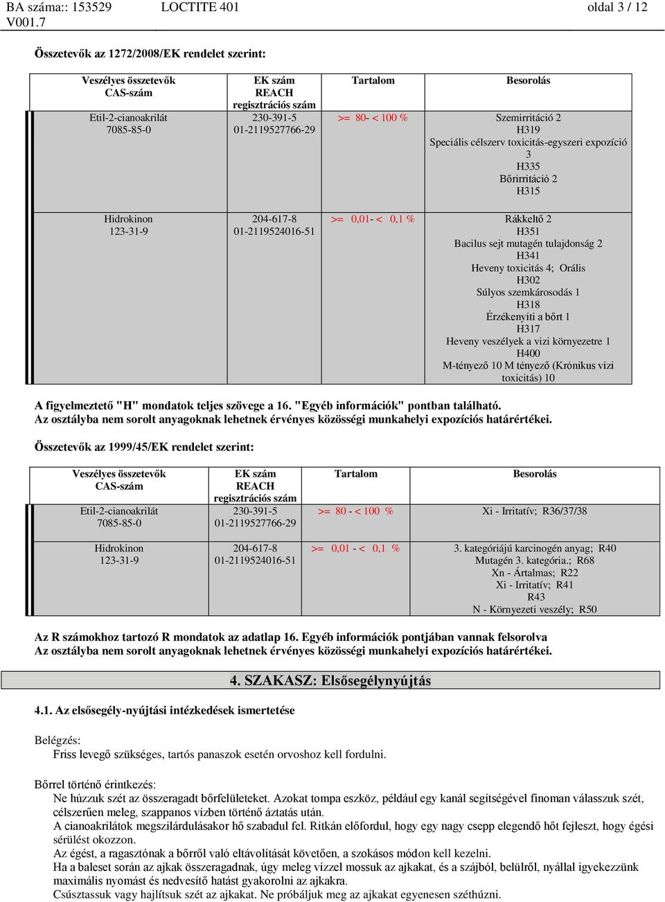 H302 Súlyos szemkárosodás 1 H318 Érzékenyíti a bőrt 1 H317 Heveny veszélyek a vizi környezetre 1 H400 M-tényező 10 M tényező (Krónikus vízi toxicitás) 10 A figyelmeztető "H" mondatok teljes szövege a