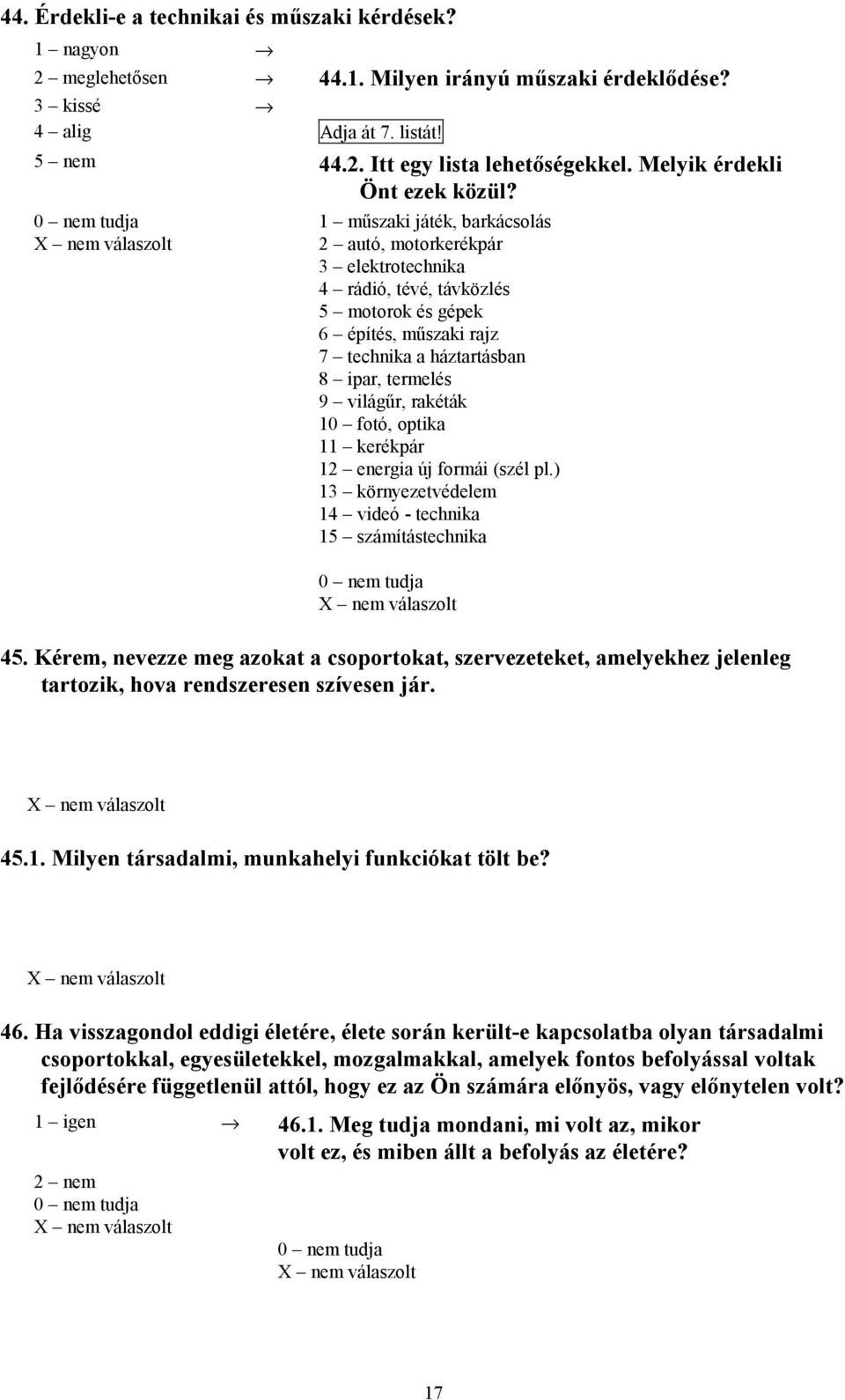 1 műszaki játék, barkácsolás 2 autó, motorkerékpár 3 elektrotechnika 4 rádió, tévé, távközlés 5 motorok és gépek 6 építés, műszaki rajz 7 technika a háztartásban 8 ipar, termelés 9 világűr, rakéták