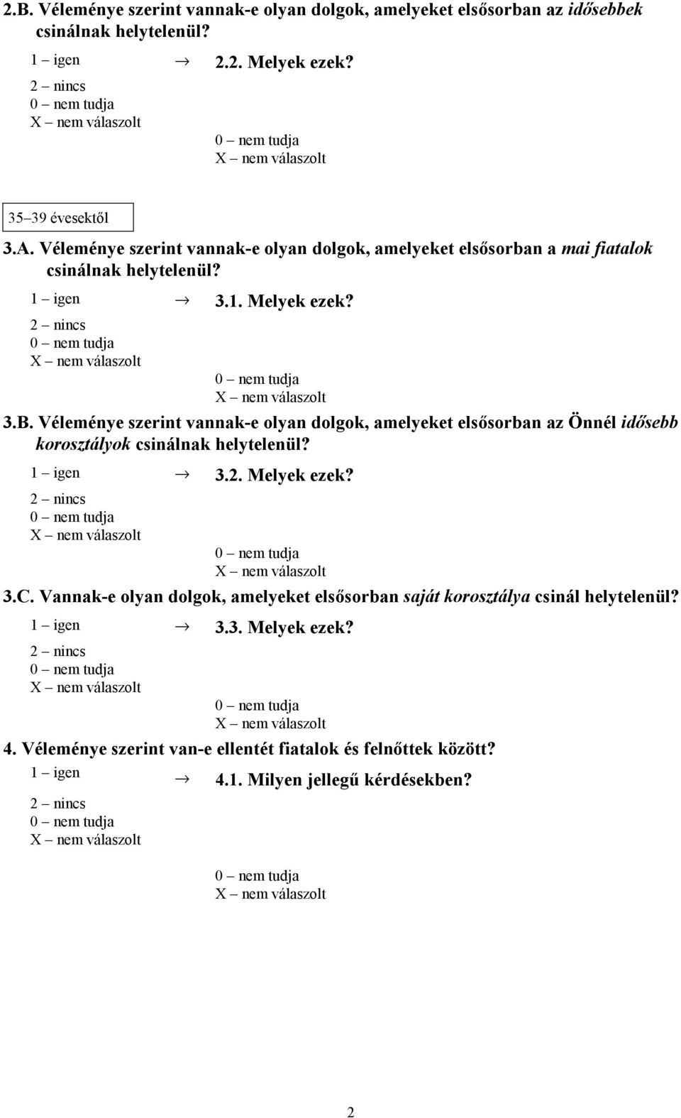 Véleménye szerint vannak-e olyan dolgok, amelyeket elsősorban az Önnél idősebb korosztályok csinálnak helytelenül? 1 igen 3.2. Melyek ezek? 2 nincs 3.C.