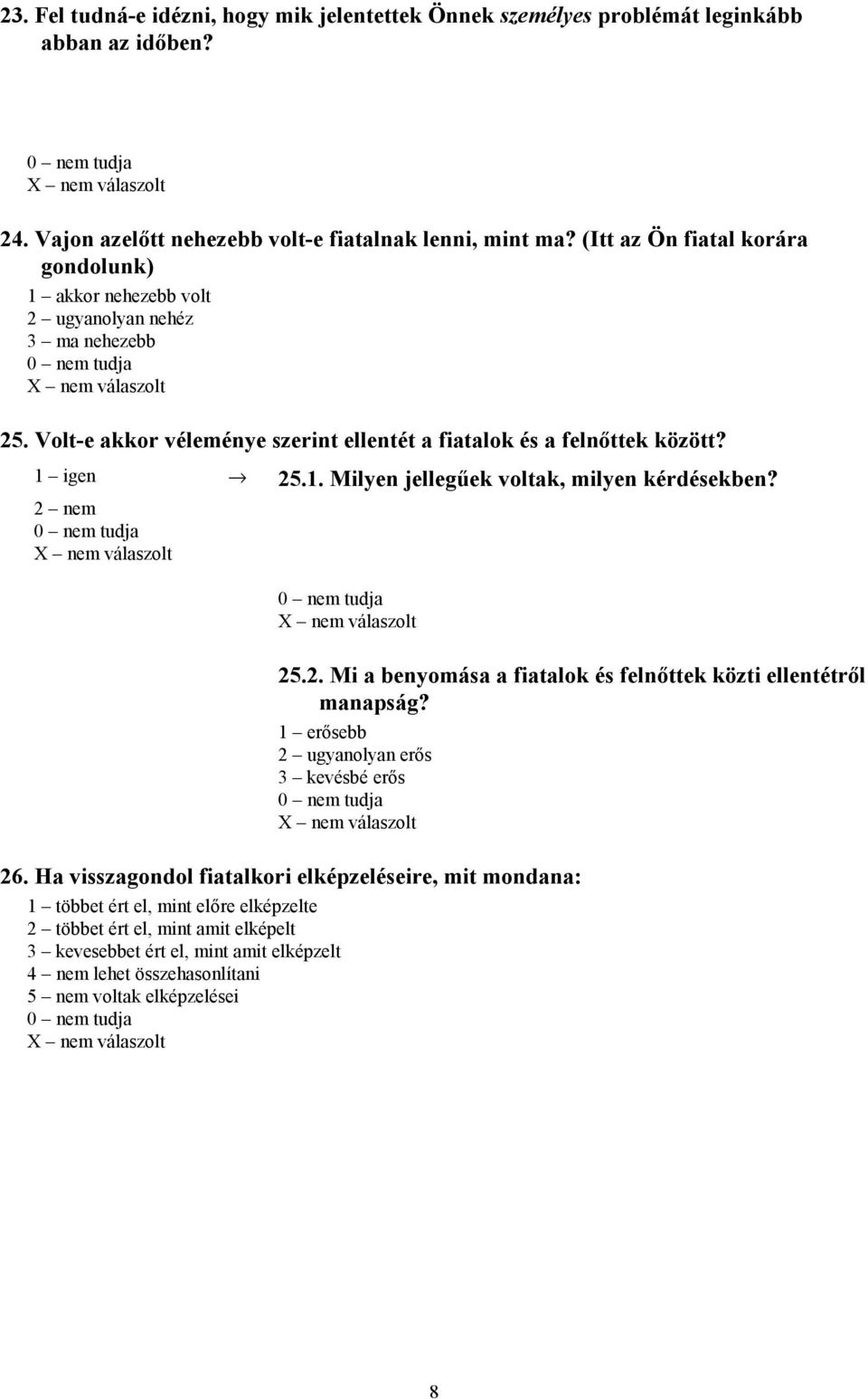 2 nem 25.2. Mi a benyomása a fiatalok és felnőttek közti ellentétről manapság? 1 erősebb 2 ugyanolyan erős 3 kevésbé erős 26.