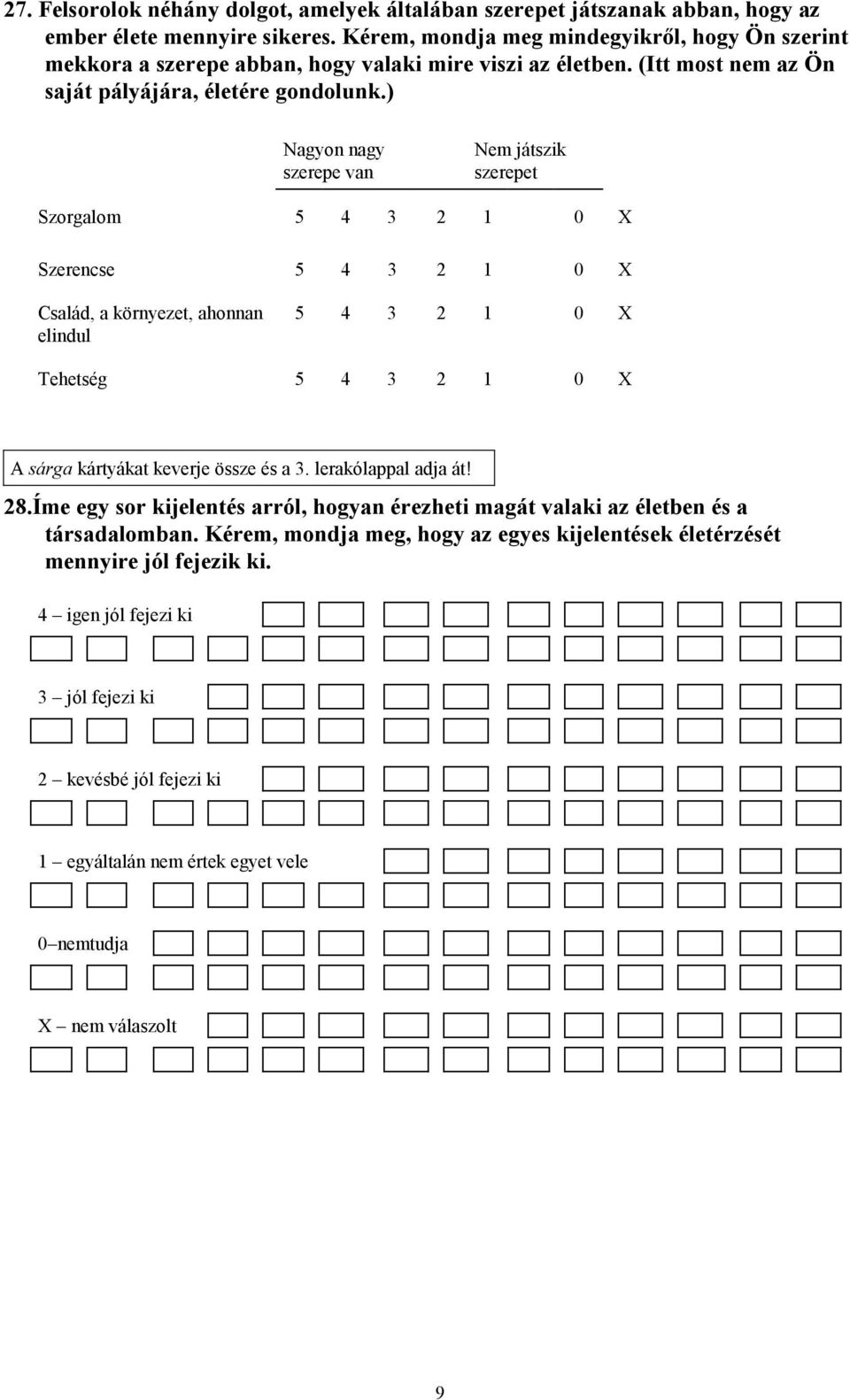 ) Nagyon nagy szerepe van Nem játszik szerepet Szorgalom 5 4 3 2 1 0 X Szerencse 5 4 3 2 1 0 X Család, a környezet, ahonnan elindul 5 4 3 2 1 0 X Tehetség 5 4 3 2 1 0 X A sárga kártyákat keverje
