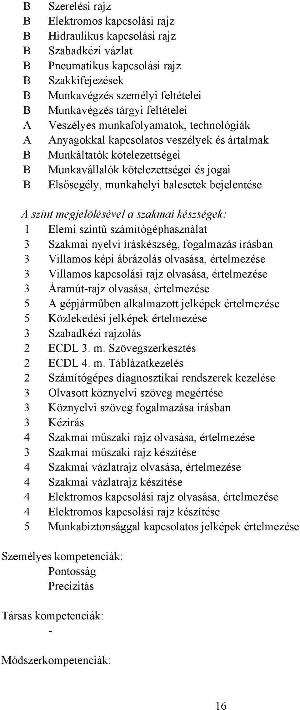 szint megjelölésével a szakmai készségek: 1 Elemi szintű számítógéphasználat 3 Szakmai nyelvi íráskészség, fogalmazás írásban 3 Villamos képi ábrázolás olvasása, értelmezése 3 Villamos kapcsolási