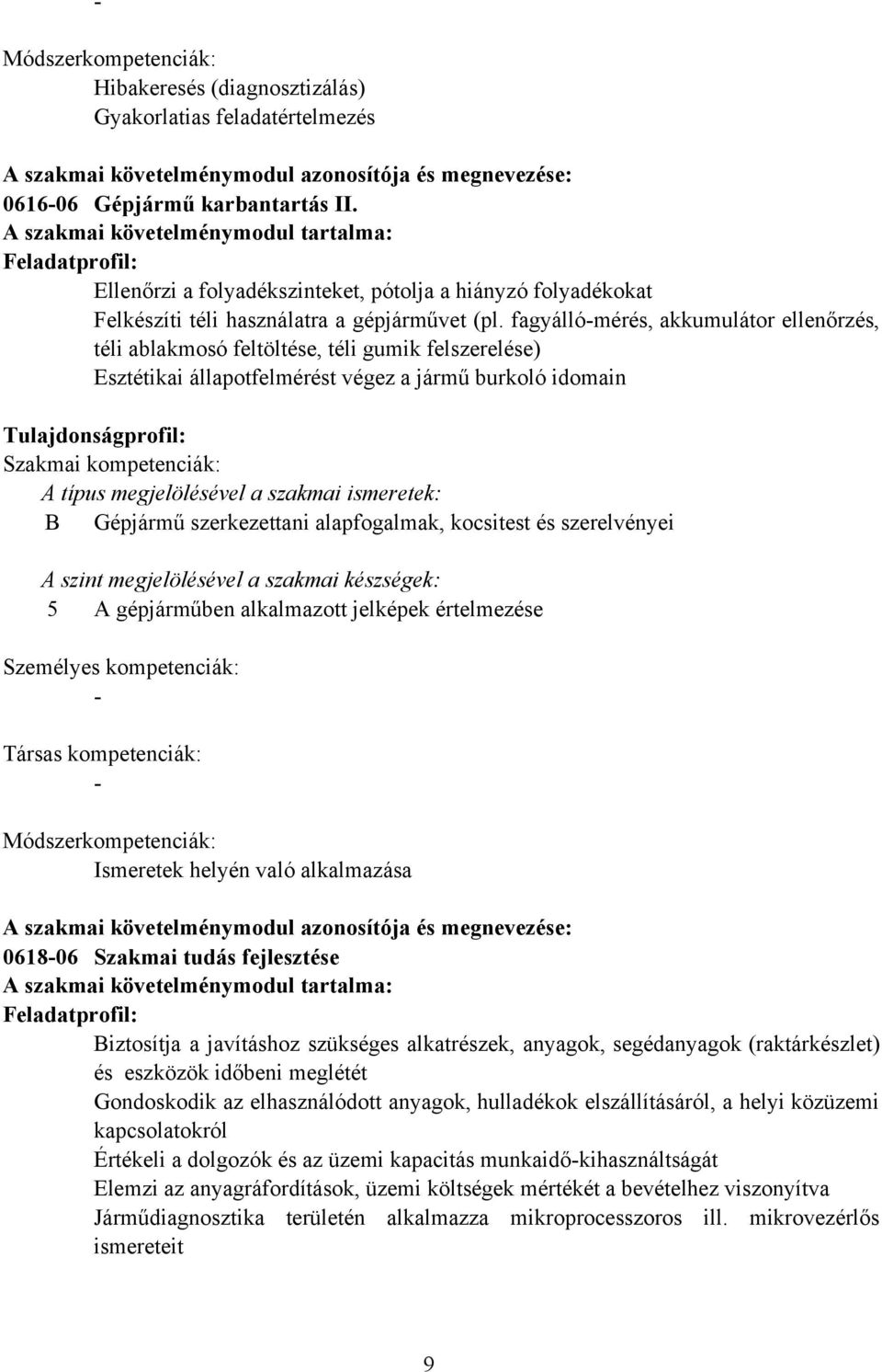 fagyállómérés, akkumulátor ellenőrzés, téli ablakmosó feltöltése, téli gumik felszerelése) Esztétikai állapotfelmérést végez a jármű burkoló idomain Tulajdonságprofil: Szakmai kompetenciák: A típus