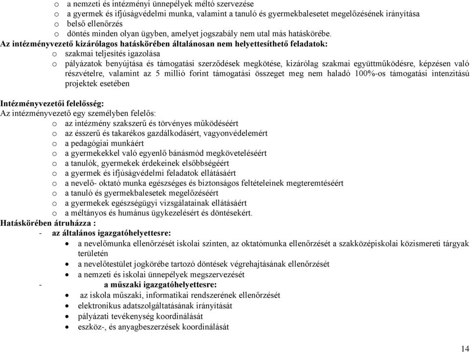 Az intézményvezető kizárólagos hatáskörében általánosan nem helyettesíthető feladatok: o szakmai teljesítés igazolása o pályázatok benyújtása és támogatási szerződések megkötése, kizárólag szakmai
