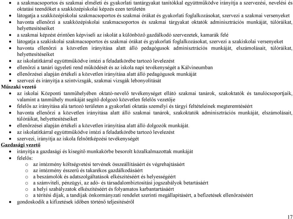 adminisztrációs munkáját, túlóráikat, helyettesítéseiket a szakmai képzést érintően képviseli az iskolát a különböző gazdálkodó szervezetek, kamarák felé látogatja a szakiskolai szakmacsoportos és