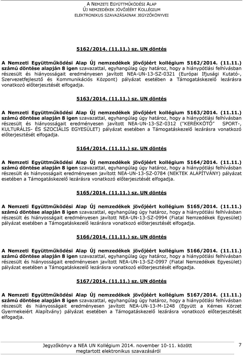 ) részesült és hiányosságait eredményesen javított NEA-UN-13-SZ-0321 (Európai Ifjusági Kutató-, Szervezetfejlesztő és Kommunikációs Központ) pályázat esetében a Támogatáskezelő lezárásra vonatkozó