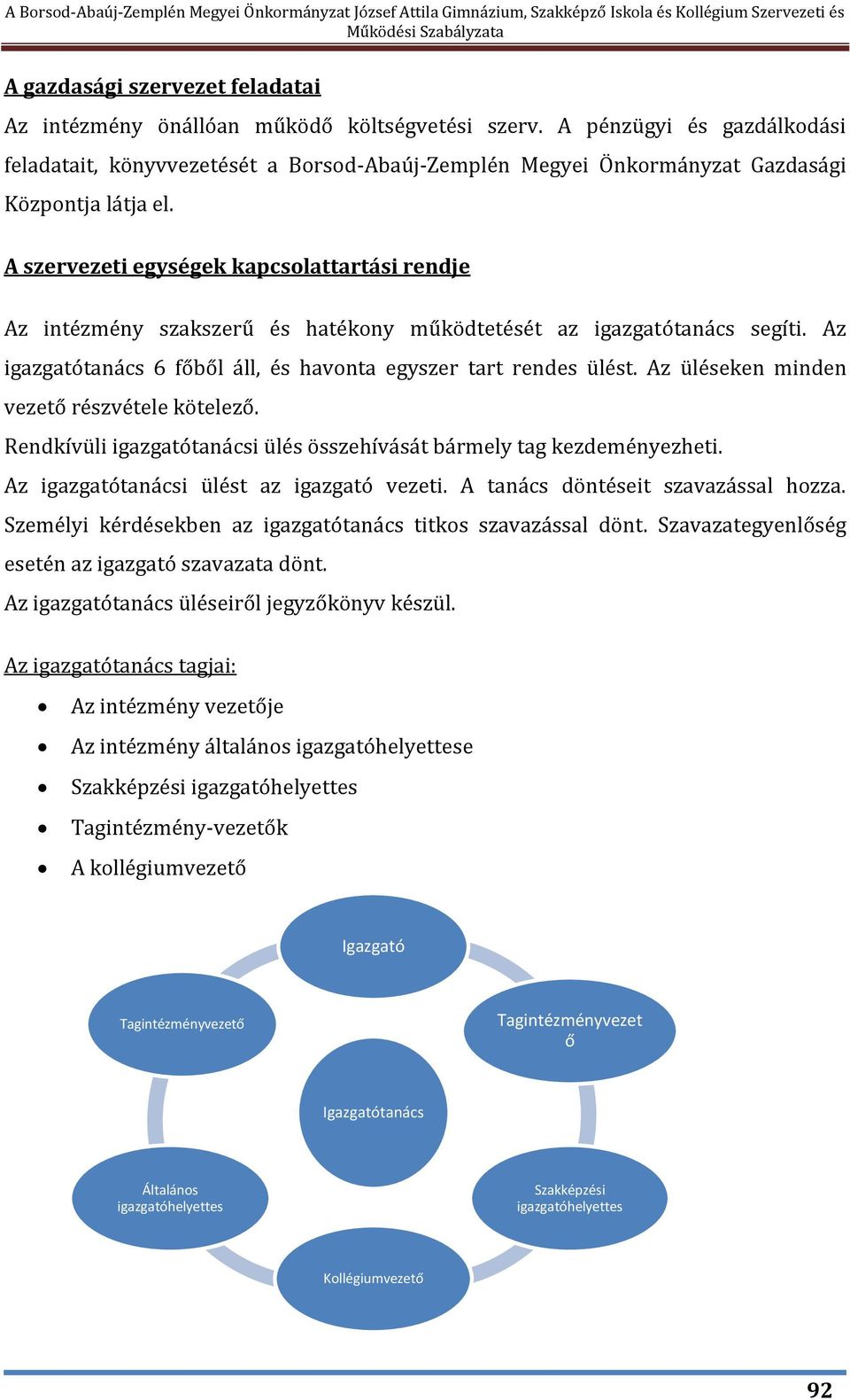 A szervezeti egységek kapcsolattartási rendje Az intézmény szakszerű és hatékony működtetését az igazgatótanács segíti. Az igazgatótanács 6 főből áll, és havonta egyszer tart rendes ülést.
