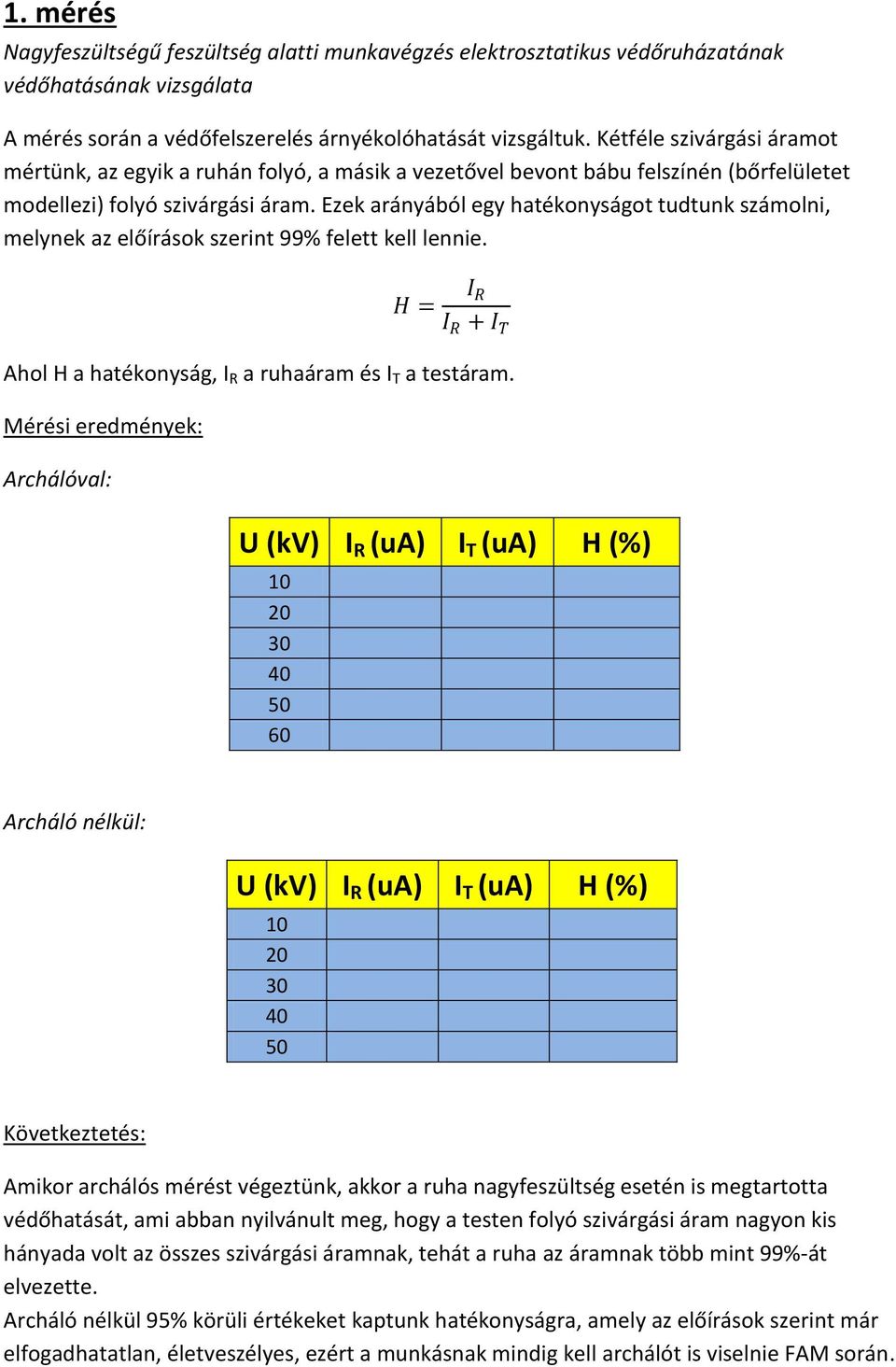 Ezek arányából egy hatékonyságot tudtunk számolni, melynek az előírások szerint 99% felett kell lennie. I R H = I R + I T Ahol H a hatékonyság, I R a ruhaáram és I T a testáram.