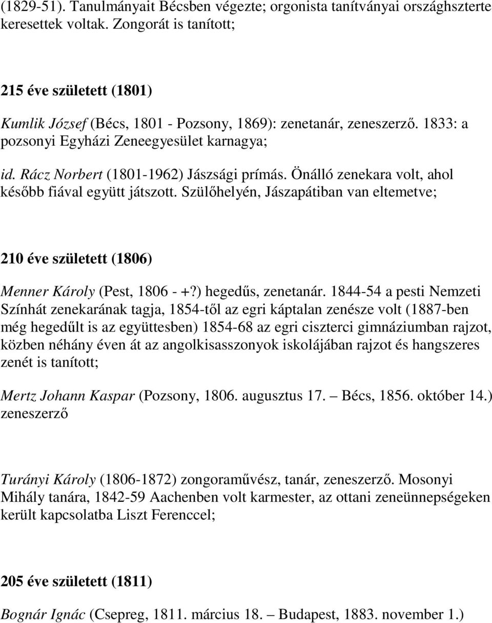 Rácz Norbert (1801-1962) Jászsági prímás. Önálló zenekara volt, ahol később fiával együtt játszott. Szülőhelyén, Jászapátiban van eltemetve; 210 éve született (1806) Menner Károly (Pest, 1806 - +?