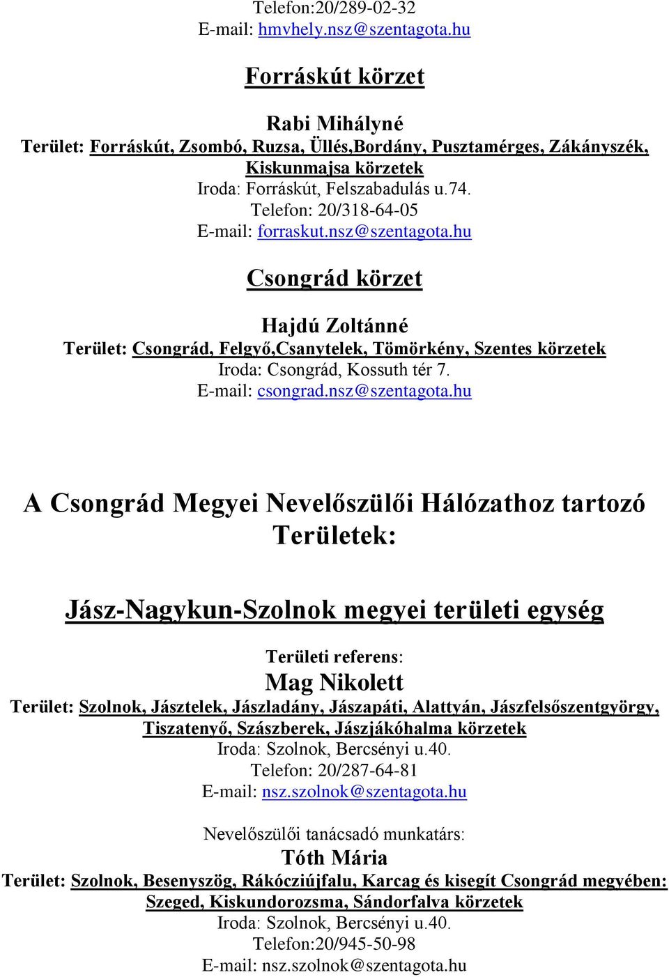 Telefon: 20/318-64-05 E-mail: forraskut.nsz@szentagota.hu Csongrád körzet Hajdú Zoltánné Terület: Csongrád, Felgyő,Csanytelek, Tömörkény, Szentes körzetek Iroda: Csongrád, Kossuth tér 7.