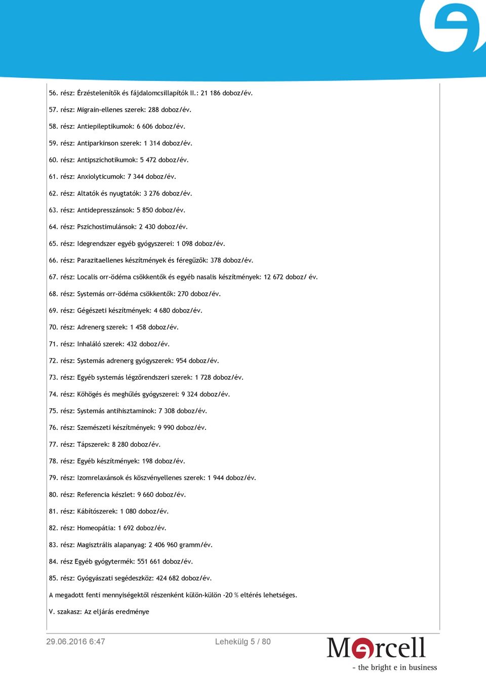 rész: Antidepresszánsok: 5 850 doboz/év. 64. rész: Pszichostimulánsok: 2 430 doboz/év. 65. rész: Idegrendszer egyéb gyógyszerei: 1 098 doboz/év. 66.