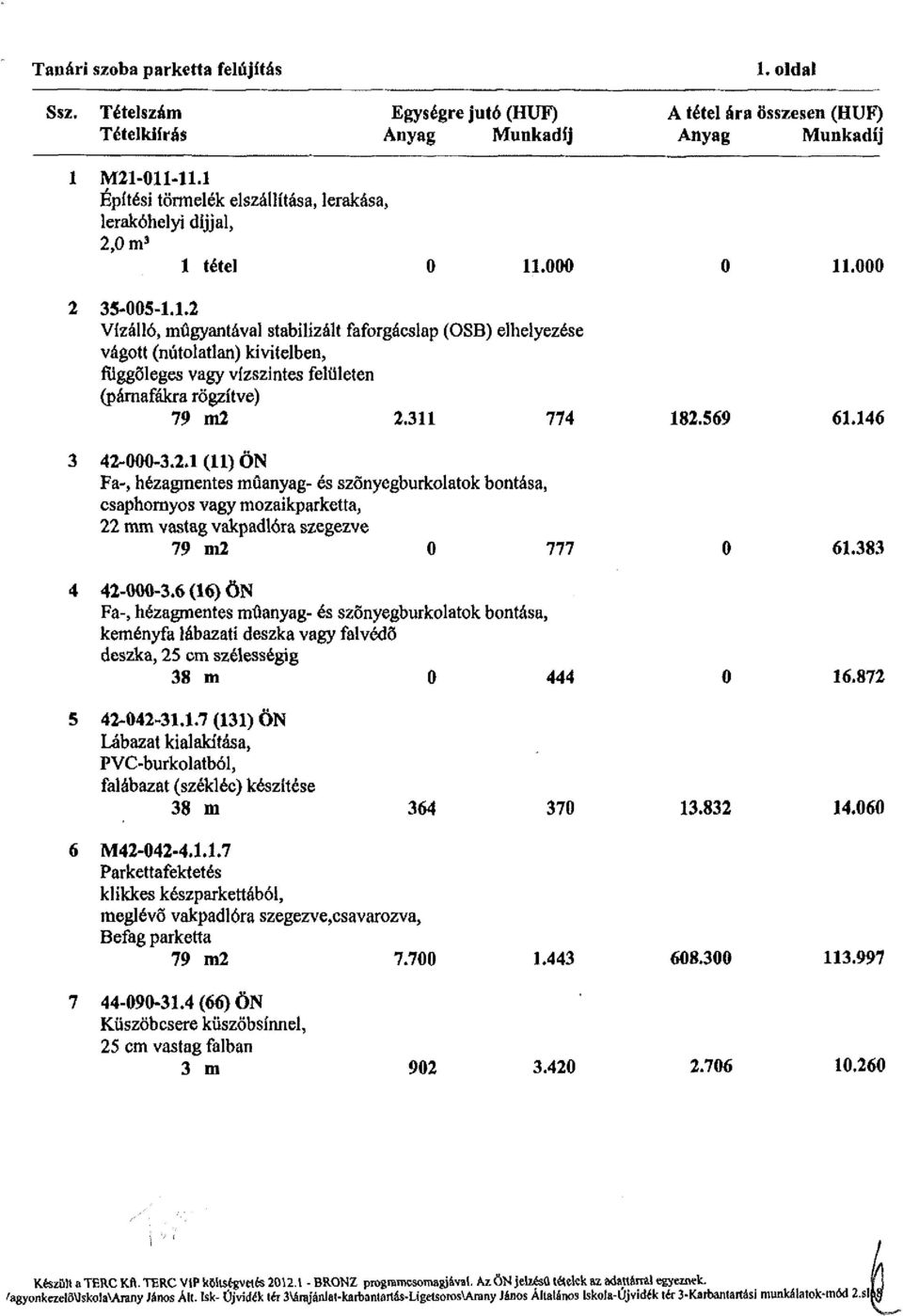 311 774 182.569 61.146 3 42-000-3.2.1 (11) ÖN Fa-, hézagmentes műanyag- és szőnyegburkolatok bontása, csaphornyos vagy mozaikparketta, 22 mm vastag vakpadlóra szegezve 79 m2 0 777 0 61.383 4 42-000-3.