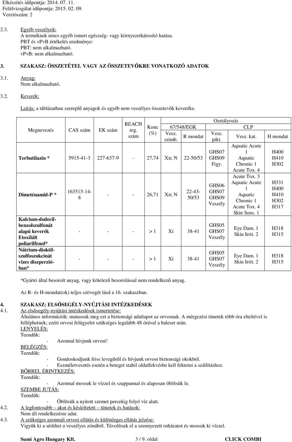 Megnevezés CAS szám EK szám REACH reg. szám Konc (%) 67/548/EGK Vesz. R mondat szimb.