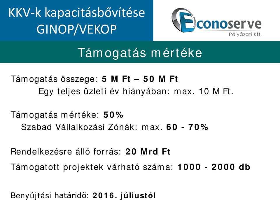 Támogatás mértéke: 50% Szabad Vállalkozási Zónák: max.