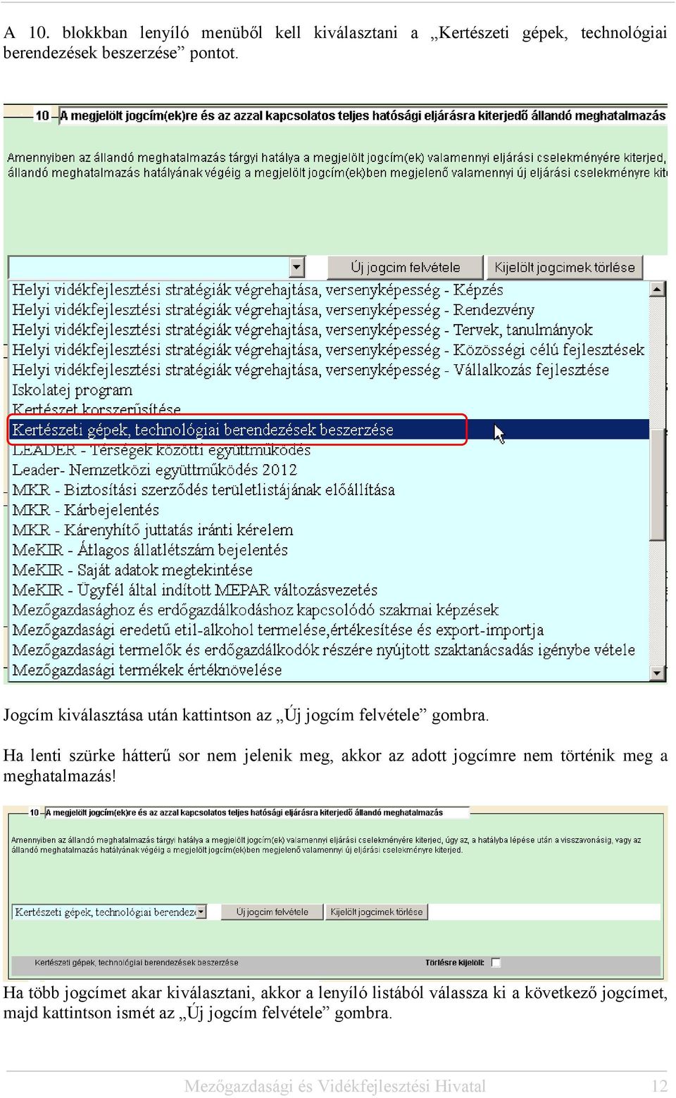 Ha lenti szürke hátterű sor nem jelenik meg, akkor az adott jogcímre nem történik meg a meghatalmazás!