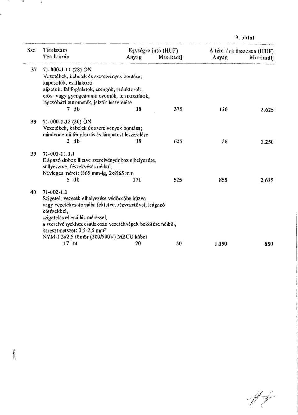 leszerelése 7 db 18 375 126 2.625 38 71-000-1.13 (30) ÖN Vezetékek, kábelek és szerelvények bontása; mindennemű fényforrás és lámpatest leszerelése 2 db 18 625 36 1.250 39 71-001-11.1.1 Elágazó doboz illetve szerelvénydoboz elhelyezése, süllyesztve, fészekvésés nélkül, "Névleges méret; 065 mm-ig, 2x065 mm 5 db 171 525 855 2.