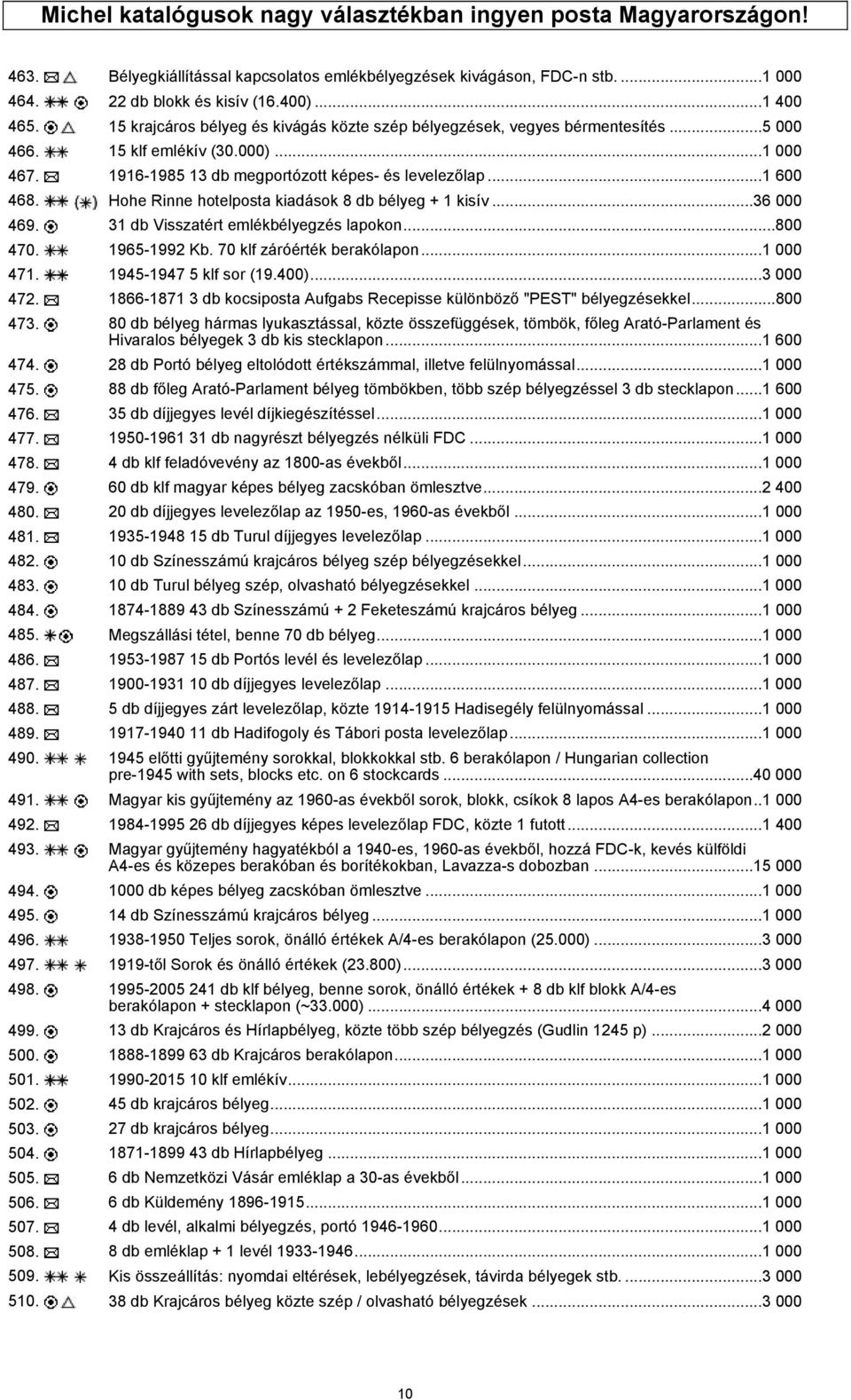 Hohe Rinne hotelposta kiadások 8 db bélyeg + 1 kisív...36 000 469. 31 db Visszatért emlékbélyegzés lapokon...800 470. 1965-1992 Kb. 70 klf záróérték berakólapon...1 000 471. 1945-1947 5 klf sor (19.