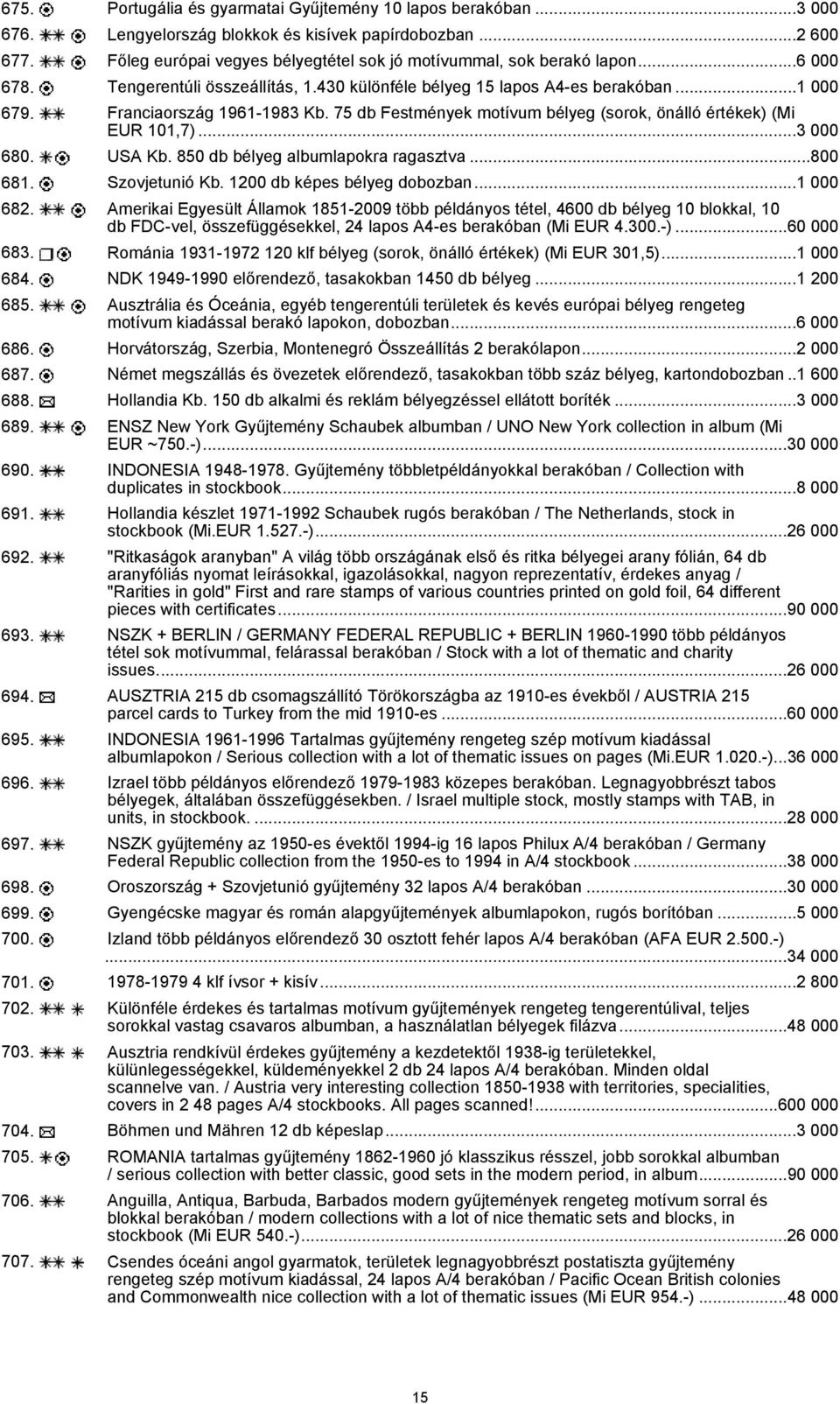 75 db Festmények motívum bélyeg (sorok, önálló értékek) (Mi EUR 101,7)...3 000 680. USA Kb. 850 db bélyeg albumlapokra ragasztva...800 681. Szovjetunió Kb. 1200 db képes bélyeg dobozban...1 000 682.