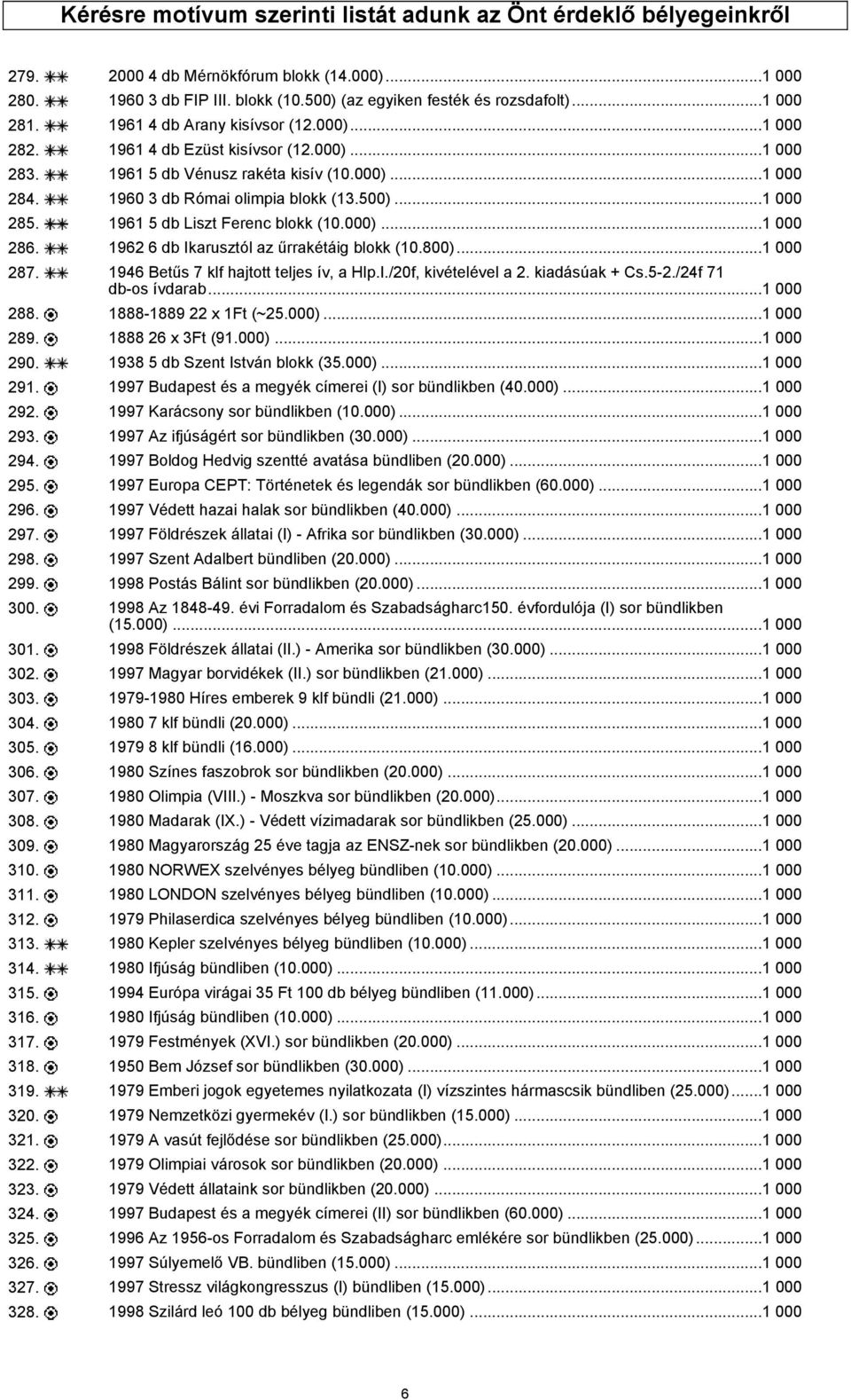1961 5 db Liszt Ferenc blokk (10.000)...1 000 286. 1962 6 db Ikarusztól az űrrakétáig blokk (10.800)...1 000 287. 1946 Betűs 7 klf hajtott teljes ív, a Hlp.I./20f, kivételével a 2. kiadásúak + Cs.5-2.