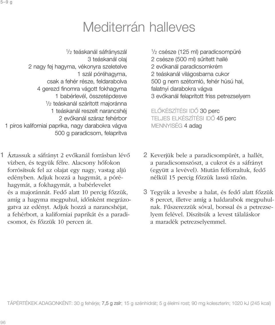 /2 csésze (125 ml) paradicsompüré 2 csésze (500 ml) sûrített hallé 2 evôkanál paradicsomkrém 2 teáskanál világosbarna cukor 500 g nem szétomló, fehér húsú hal, falatnyi darabokra vágva 3 evôkanál