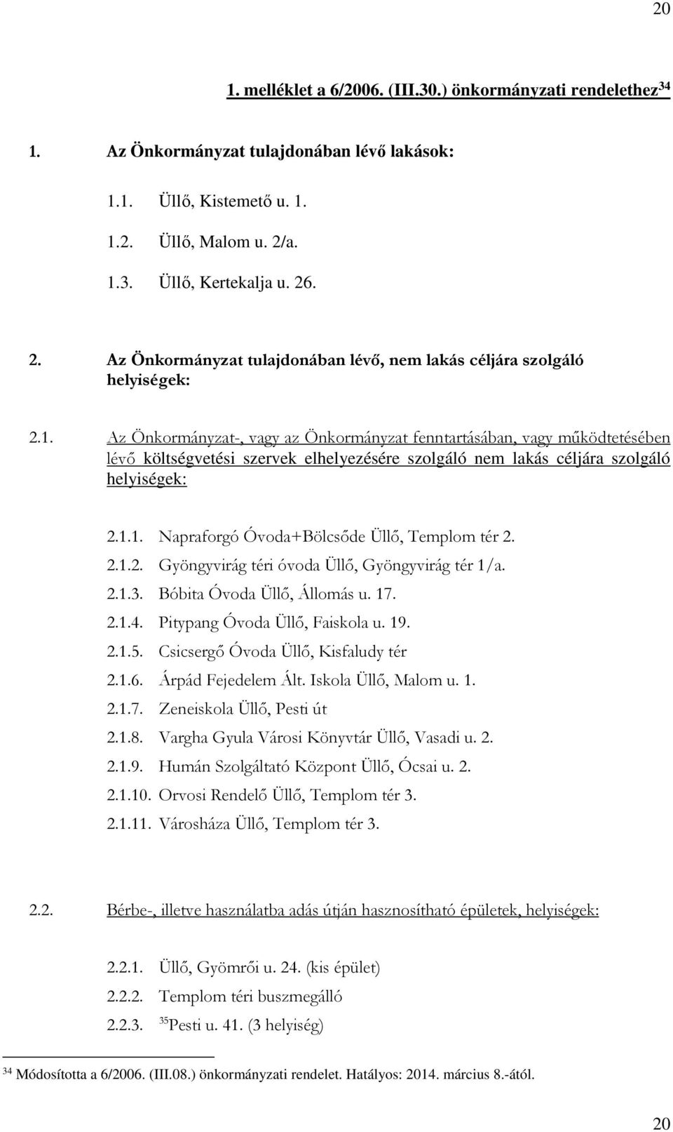 1.1. Napraforgó Óvoda+Bölcsőde Üllő, Templom tér 2. 2.1.2. Gyöngyvirág téri óvoda Üllő, Gyöngyvirág tér 1/a. 2.1.3. Bóbita Óvoda Üllő, Állomás u. 17. 2.1.4. Pitypang Óvoda Üllő, Faiskola u. 19. 2.1.5.