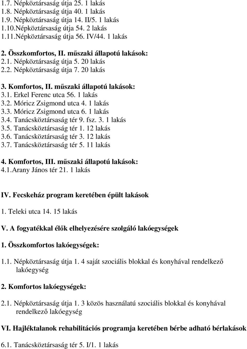 2. Móricz Zsigmond utca 4. 1 lakás 3.3. Móricz Zsigmond utca 6. 1 lakás 3.4. Tanácsköztársaság tér 9. fsz. 3. 1 lakás 3.5. Tanácsköztársaság tér 1. 12 lakás 3.6. Tanácsköztársaság tér 3. 12 lakás 3.7.