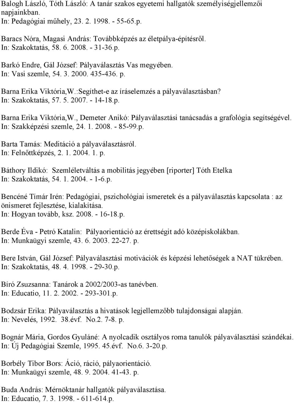 :Segíthet-e az íráselemzés a pályaválasztásban? In: Szakoktatás, 57. 5. 2007. - 14-18.p. Barna Erika Viktória,W., Demeter Anikó: Pályaválasztási tanácsadás a grafológia segítségével.