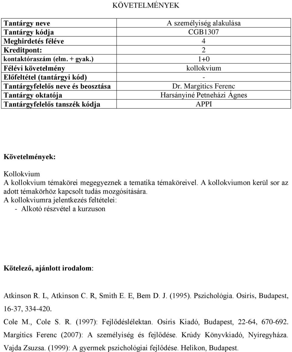 A kollokviumra jelentkezés feltételei: Kötelező, ajánlott irodalom: Atkinson R. L, Atkinson C. R, Smith E. E, Bem D. J. (1995). Pszichológia. Osiris, Budapest, 16-37, 334-420. Cole M.
