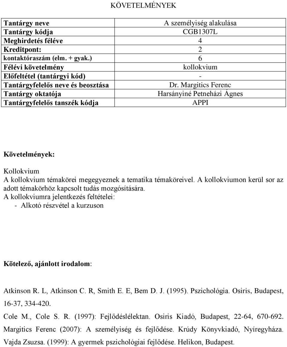 A kollokviumra jelentkezés feltételei: Kötelező, ajánlott irodalom: Atkinson R. L, Atkinson C. R, Smith E. E, Bem D. J. (1995). Pszichológia. Osiris, Budapest, 16-37, 334-420. Cole M.