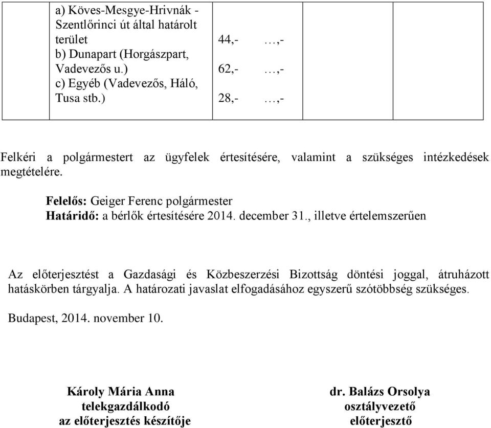 Felelős: Geiger Ferenc polgármester Határidő: a bérlők értesítésére 2014. december 31.
