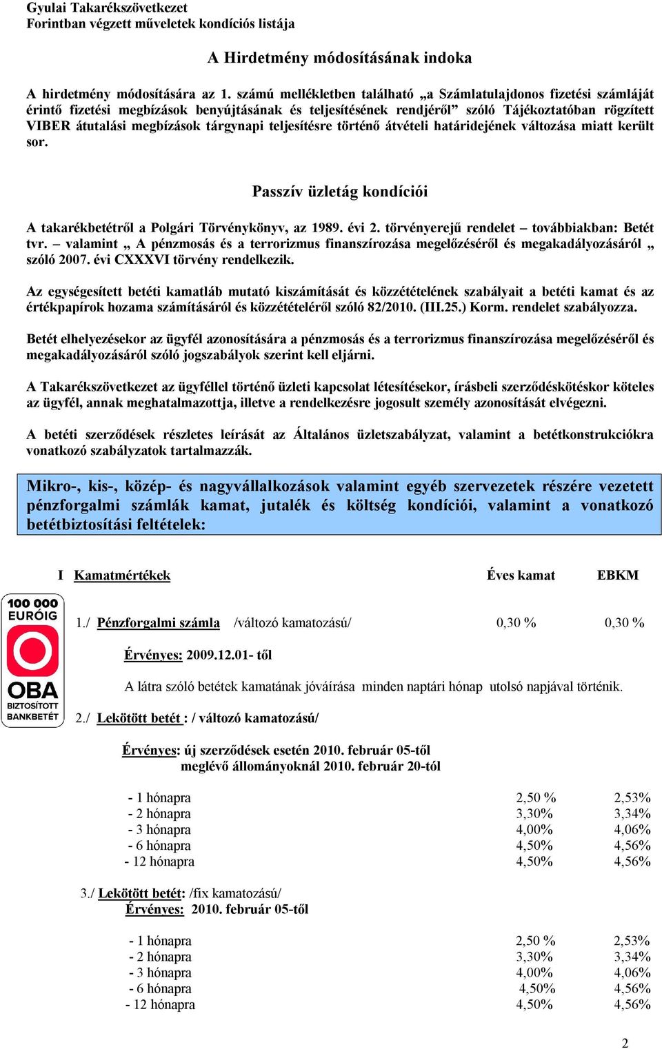 tárgynapi teljesítésre történő átvételi határidejének változása miatt került sor. Passzív üzletág kondíciói A takarékbetétről a Polgári Törvénykönyv, az 1989. évi 2.