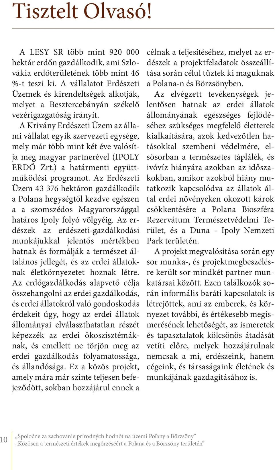 A Krivány Erdészeti Üzem az állami vállalat egyik szervezeti egysége, mely már több mint két éve valósítja meg magyar partnerével (IPOLY ERDŐ Zrt.) a határmenti együttműködési programot.