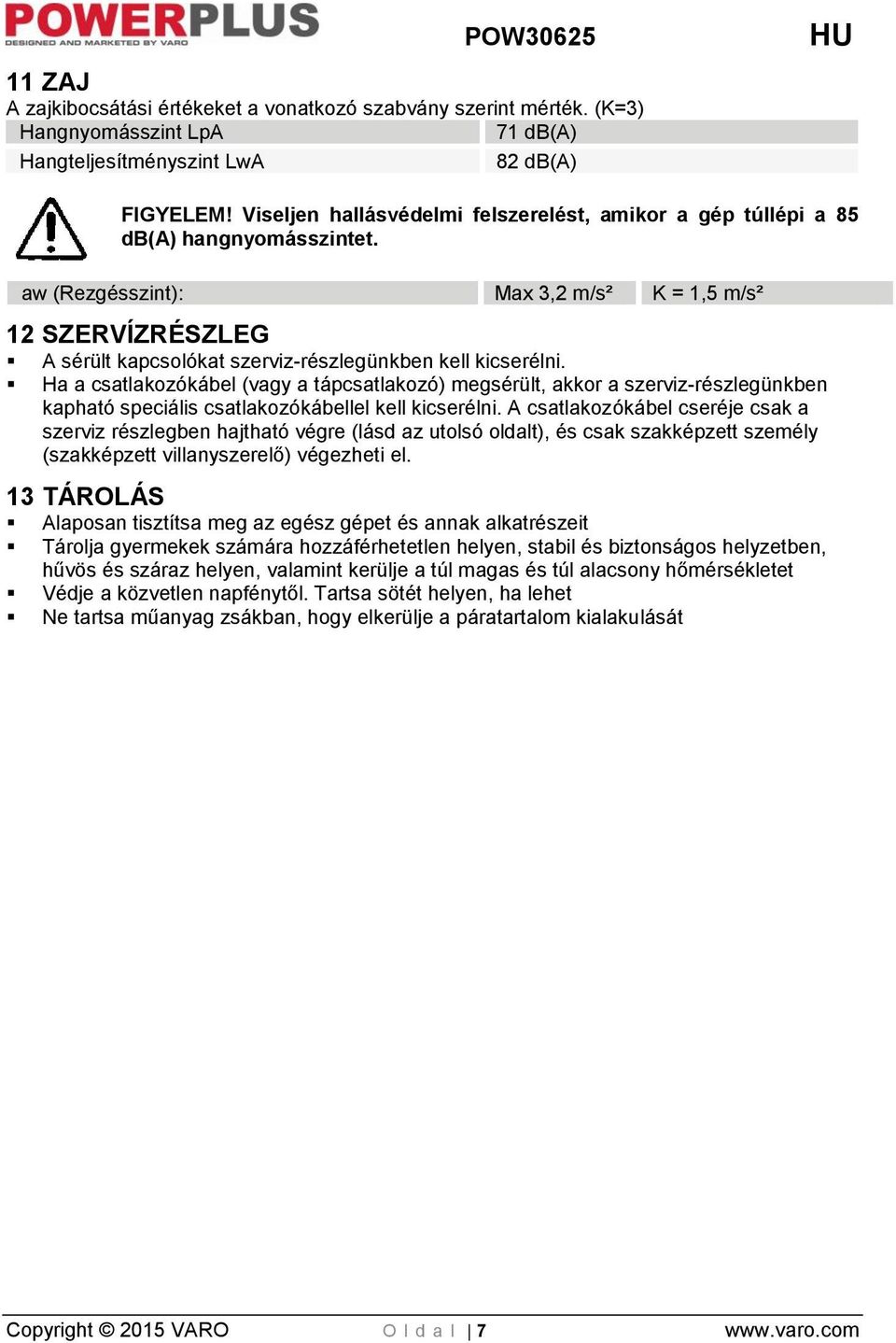aw (Rezgésszint): Max 3,2 m/s² K = 1,5 m/s² 12 SZERVÍZRÉSZLEG A sérült kapcsolókat szerviz-részlegünkben kell kicserélni.