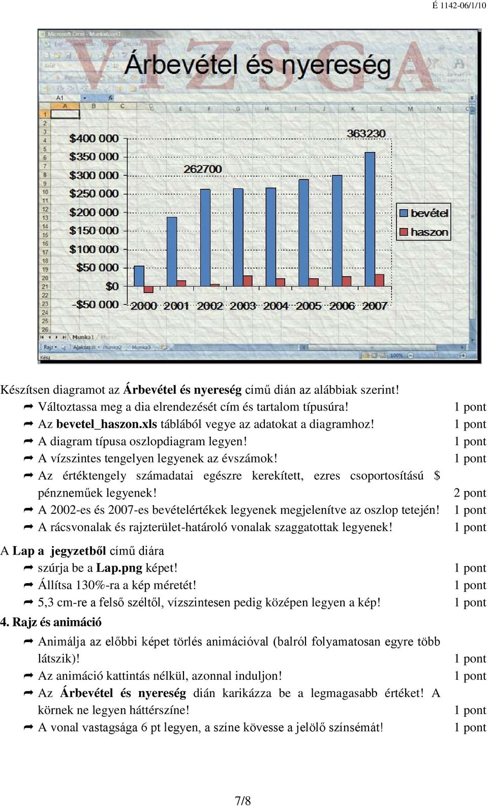 A 2002-es és 2007-es bevételértékek legyenek megjelenítve az oszlop tetején! A rácsvonalak és rajzterület-határoló vonalak szaggatottak legyenek! A Lap a jegyzetből című diára szúrja be a Lap.