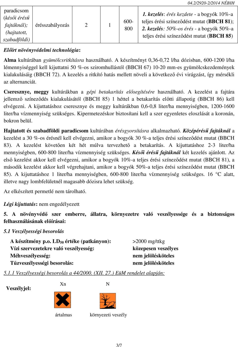 A készítményt 0,36-0,72 l/ha dózisban, 600-1200 l/ha lémennyiséggel kell kijuttatni 50 %-os sziromhullástól (BBCH 67) 10-20 mm-es gyümölcskezdemények kialakulásáig (BBCH 72).