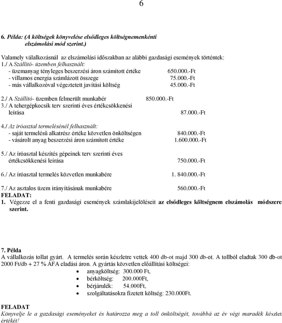 000.-Ft 2./ A Szállító- üzemben felmerült munkabér 850.000.-Ft 3./ A tehergépkocsik terv szerinti éves értékcsökkenési leírása 87.000.-Ft 4.