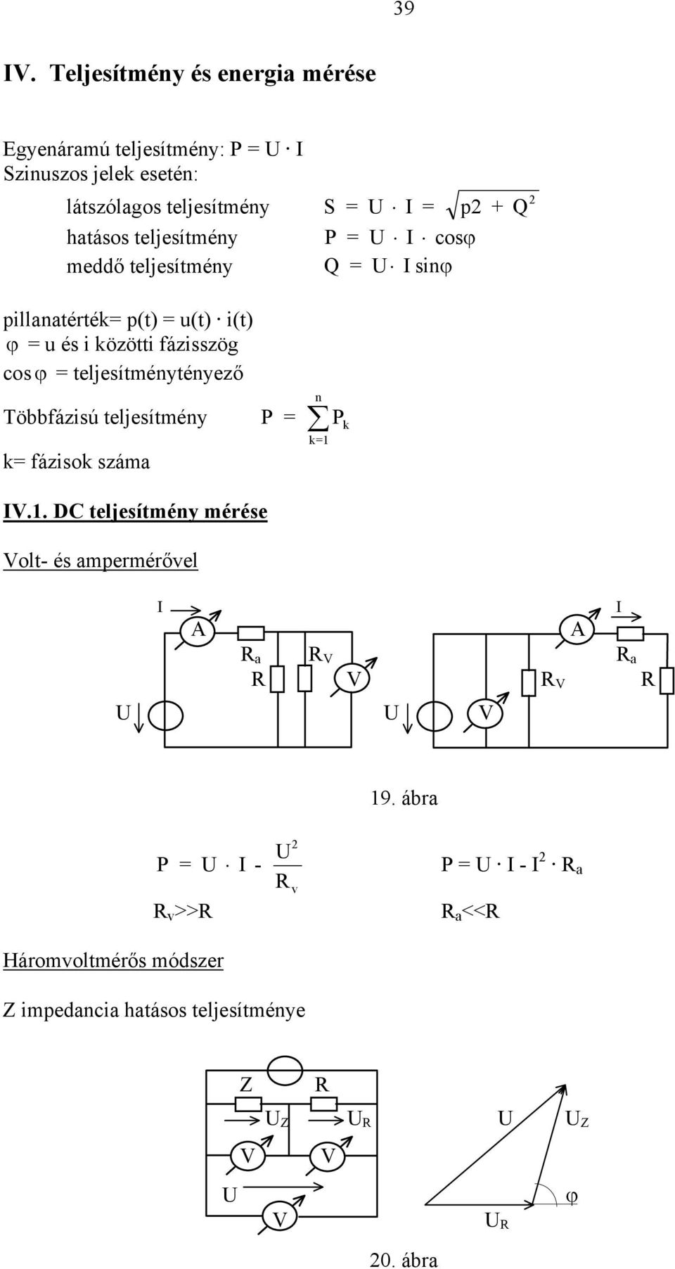 hatásos teljesítmény P = I cosϕ meddő teljesítmény Q = I sinϕ pillanatérték= p(t) = u(t) i(t) ϕ = u és i közötti fázisszög cos ϕ =