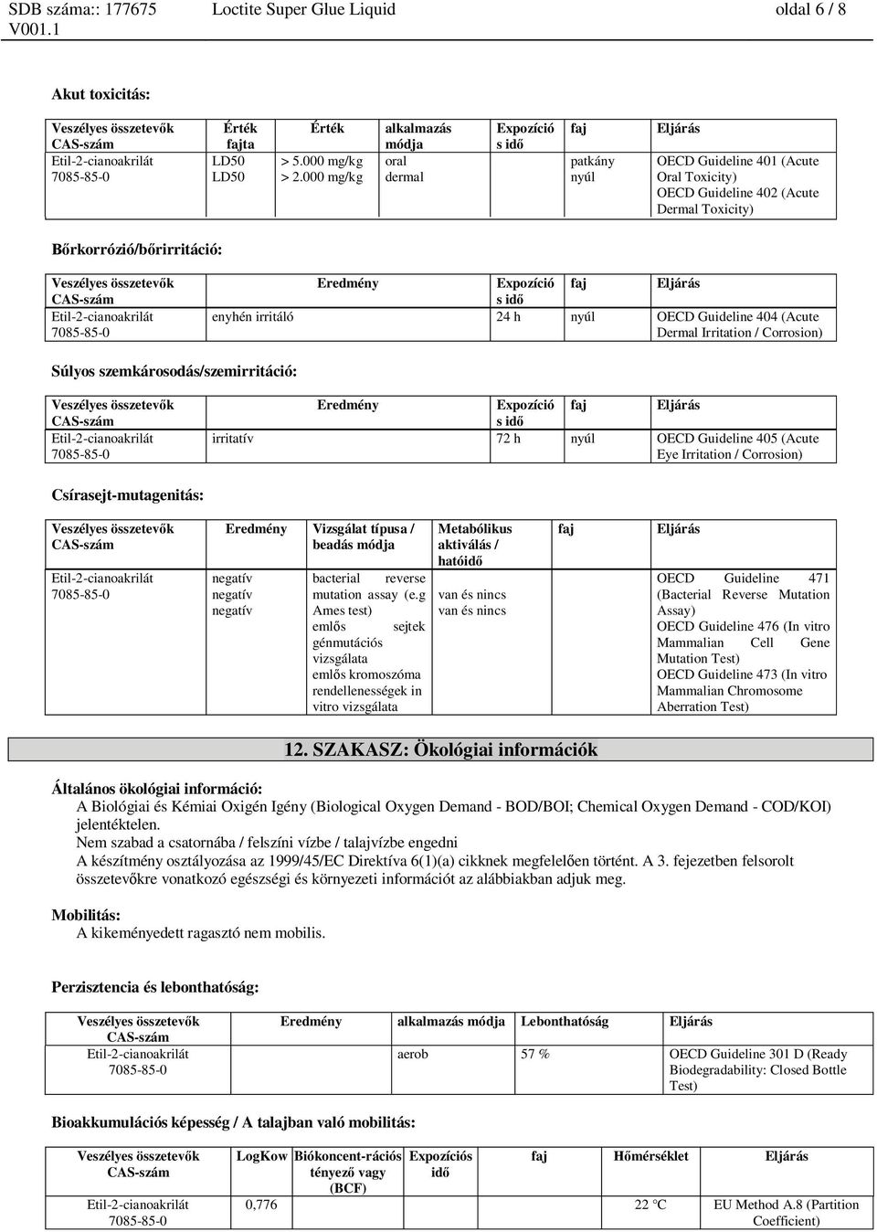 Expozíció s id faj Eljárás enyhén irritáló 24 h nyúl OECD Guideline 404 (Acute Dermal Irritation / Corrosion) Súlyos szemkárosodás/szemirritáció: Eredmény Expozíció s id faj Eljárás irritatív 72 h