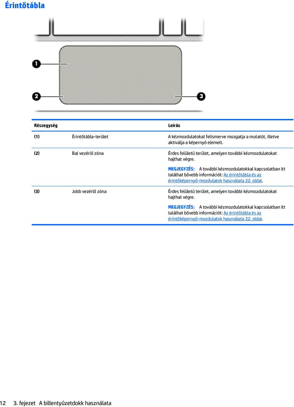 MEGJEGYZÉS: A további kézmozdulatokkal kapcsolatban itt találhat bővebb információt: Az érintőtábla és az érintőképernyő-mozdulatok használata 22. oldal.