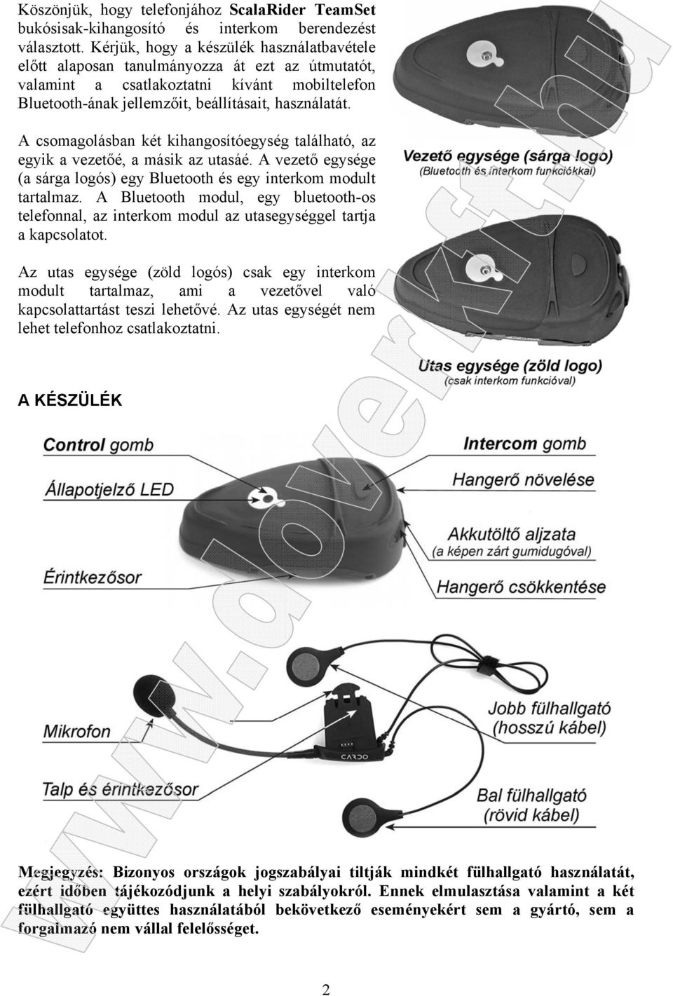 A csomagolásban két kihangosítóegység található, az egyik a vezetőé, a másik az utasáé. A vezető egysége (a sárga logós) egy Bluetooth és egy interkom modult tartalmaz.