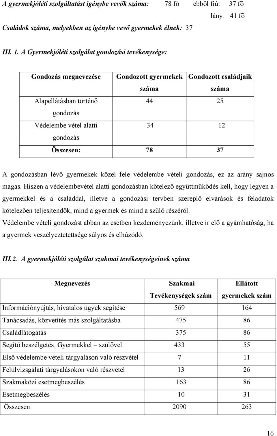 Összesen: 78 37 A gondozásban lévő gyermekek közel fele védelembe vételi gondozás, ez az arány sajnos magas.