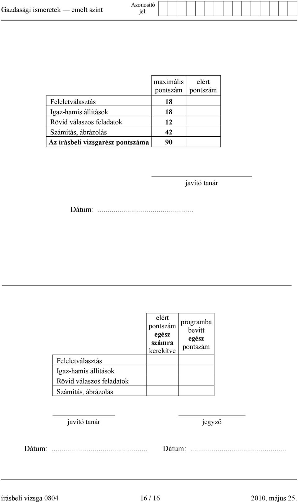 .. Feleletválasztás Igaz-hamis állítások Rövid válaszos feladatok Számítás, ábrázolás elért pontszám egész