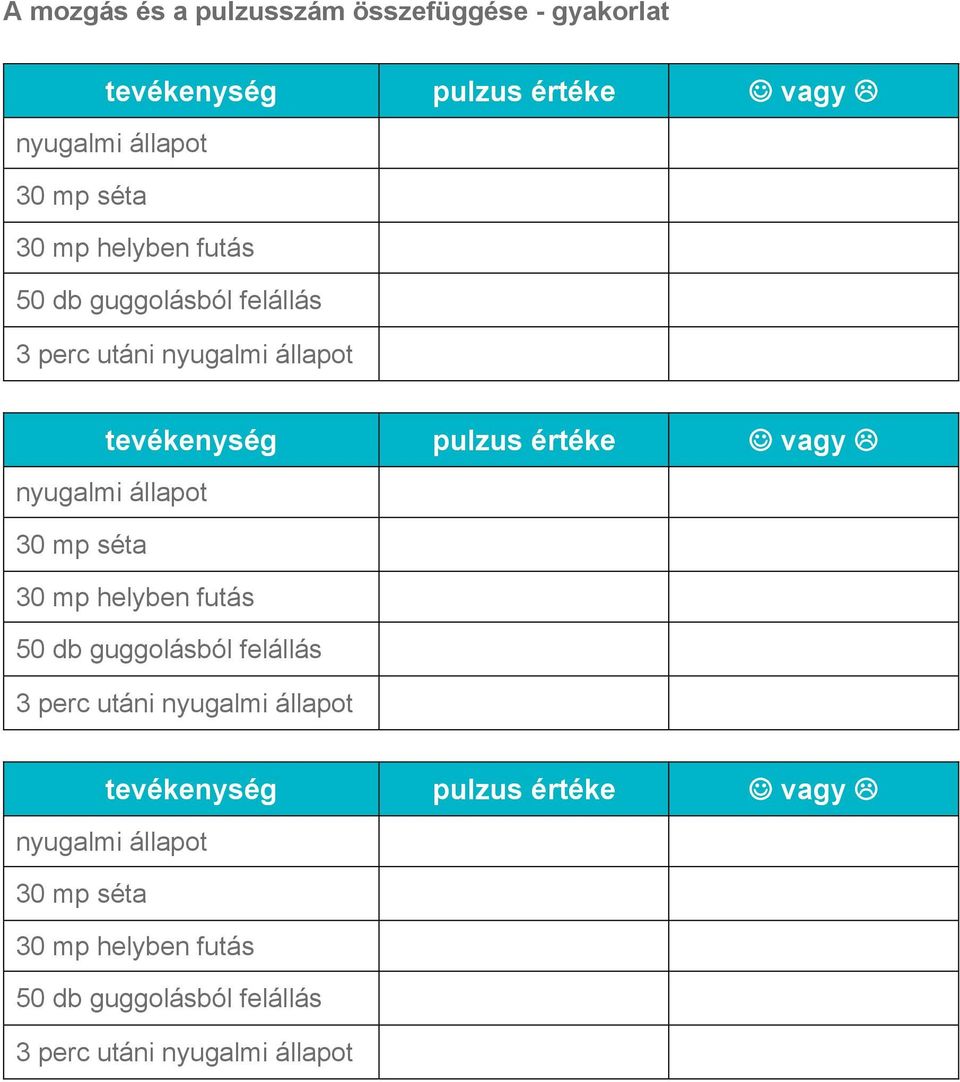 állapot 30 mp séta 30 mp  állapot 30 mp séta 30 mp helyben futás 50 db guggolásból felállás 3 perc utáni nyugalmi