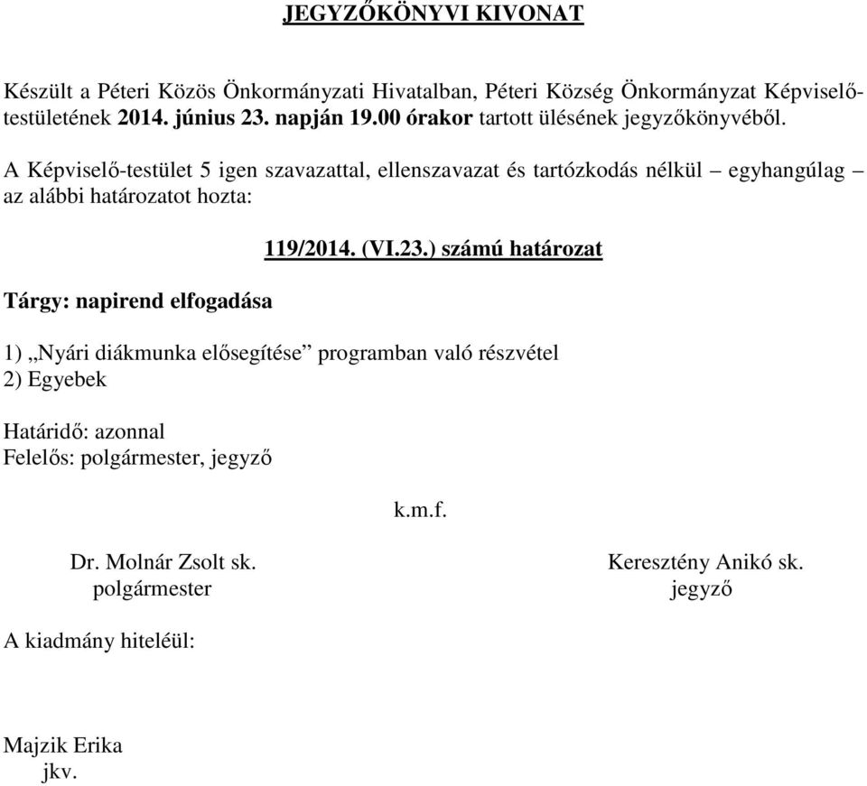 egyhangúlag az alábbi határozatot hozta: Tárgy: napirend elfogadása 119/2014.