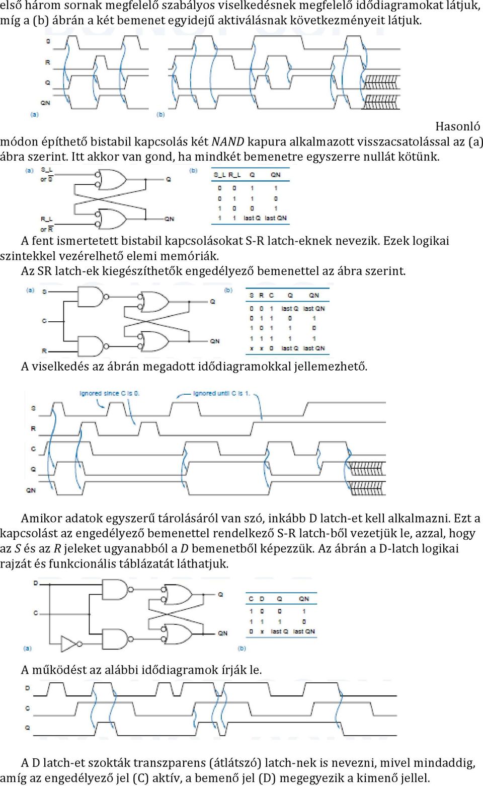 A fent ismertetett bistabil kapcsolásokat S- R latch- eknek nevezik. Ezek logikai szintekkel vezérelhető elemi memóriák. Az SR latch- ek kiegészíthetők engedélyező bemenettel az ábra szerint.