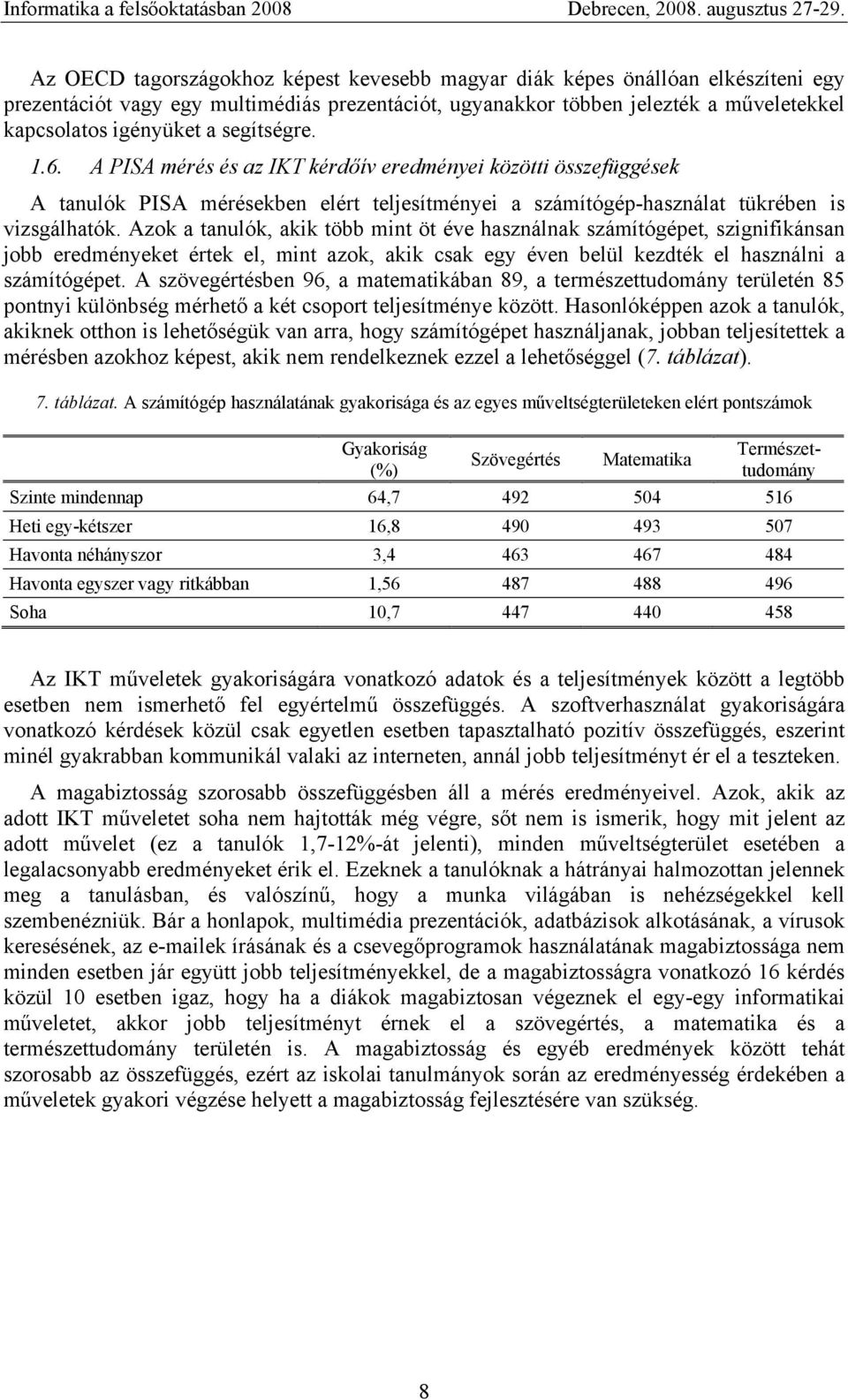 Azok a tanulók, akik több mint öt éve használnak számítógépet, szignifikánsan jobb eredményeket értek el, mint azok, akik csak egy éven belül kezdték el használni a számítógépet.