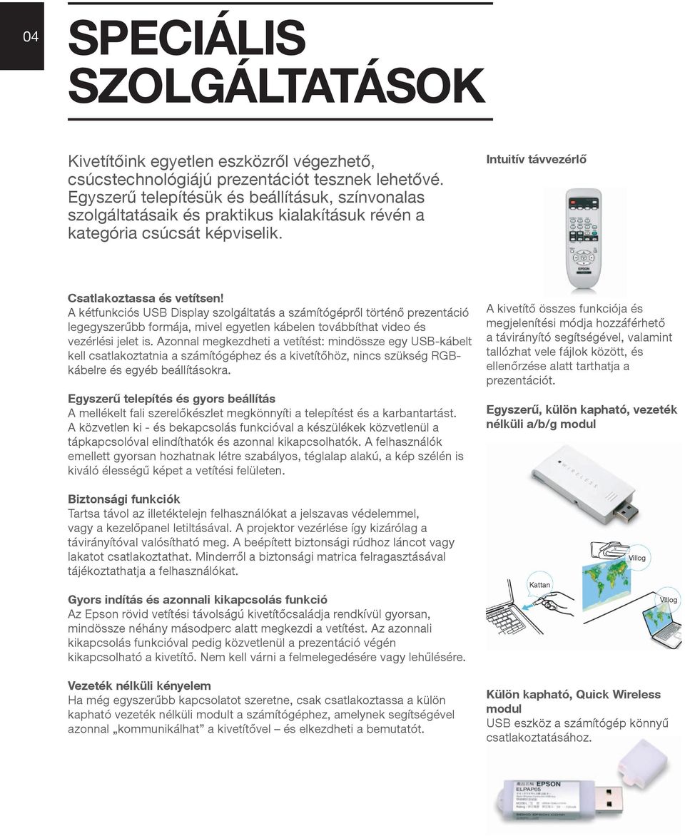 A kétfunkciós USB Display szolgáltatás a számítógépről történő prezentáció legegyszerűbb formája, mivel egyetlen kábelen továbbíthat video és vezérlési jelet is.