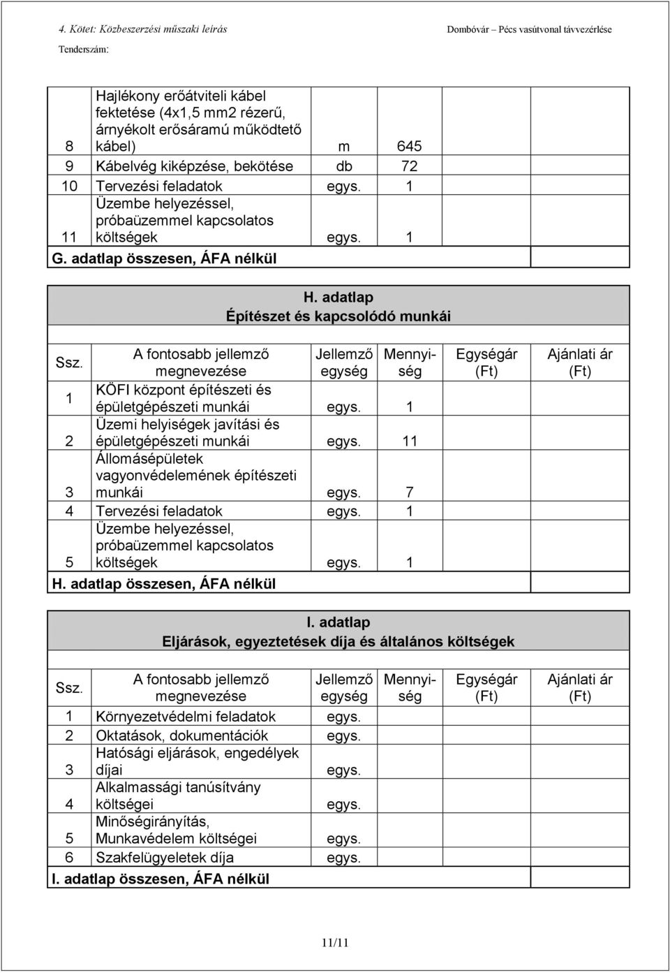 11 Állomásépületek vagyonvédelemének építészeti 3 munkái egys. 7 4 Tervezési feladatok egys. 1 5 költségek egys. 1 H. adatlap összesen, ÁFA nélkül I.