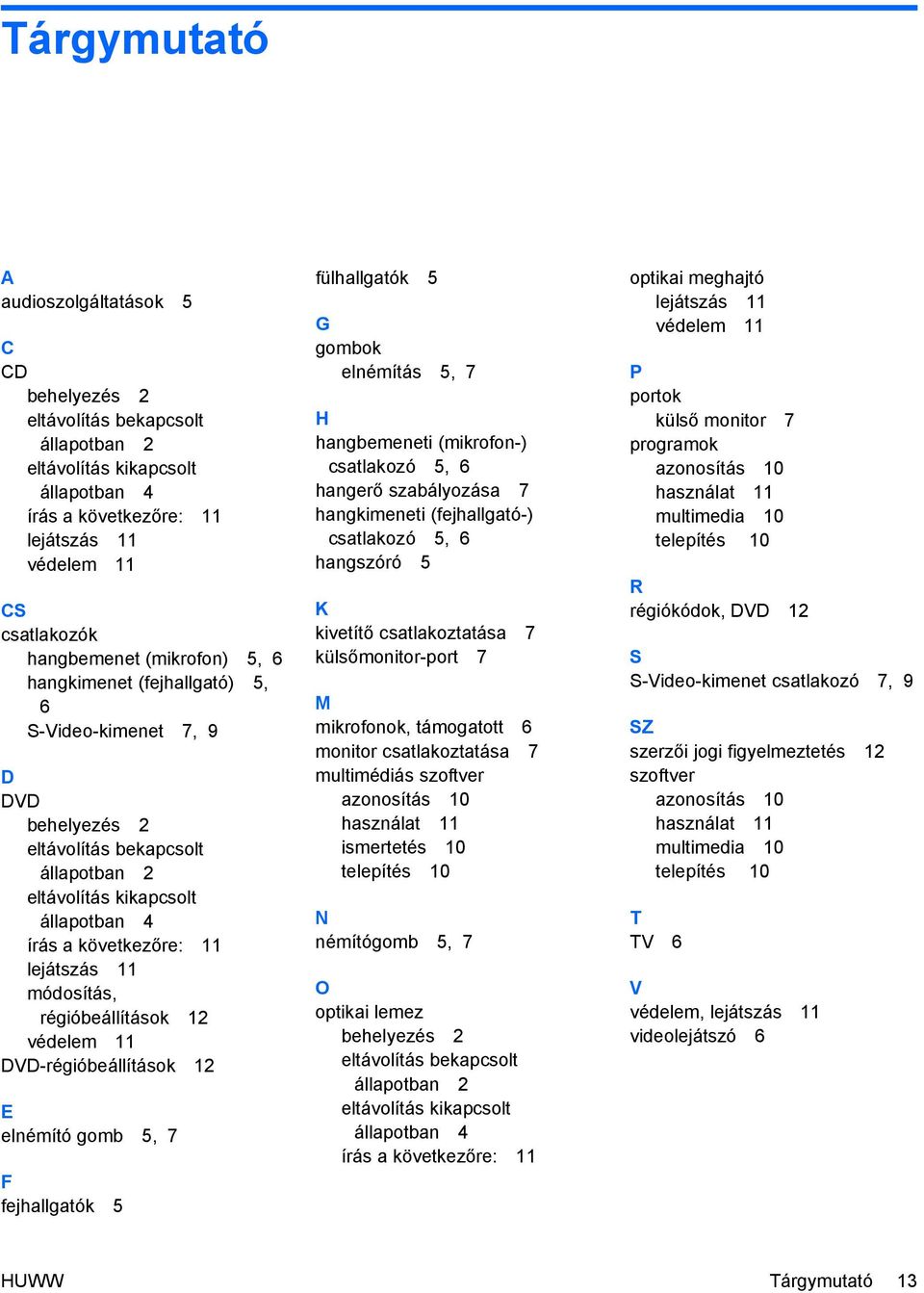 módosítás, régióbeállítások 12 védelem 11 DVD-régióbeállítások 12 E elnémító gomb 5, 7 F fejhallgatók 5 fülhallgatók 5 G gombok elnémítás 5, 7 H hangbemeneti (mikrofon-) csatlakozó 5, 6 hangerő